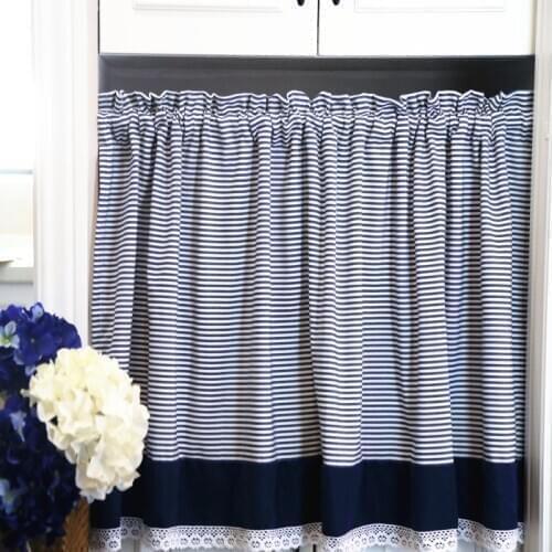 135x60cm Simple dark blue striped Mediterranean half curtain household small kitchen semi-shading cabinet curtain no rod