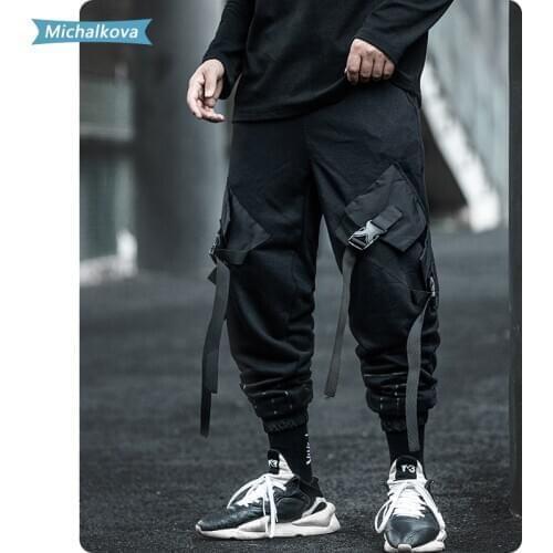 Belt Multi Pocket HipHop Cargo Pants Joggers Mens clothes Ribbon Elastic Waist Harajuku Streetwear Joggers Trousers Techwear
