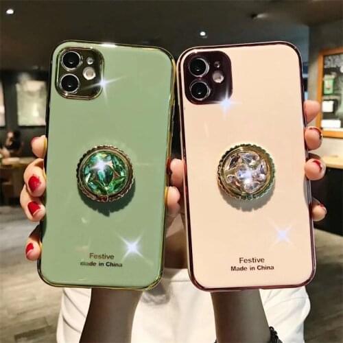 Luxury Rhinestone Ring Bracket plating Phone Case For IPhone 11 Pro XR XS Max 7 8Plus SE Diamond holder Silicone soft back cover