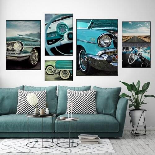Blue Car Canvas Poster Painting Vintage Classical Wheel Car Wall Art Prints Picture Still Life Home Decoration For Living Room