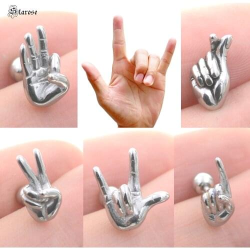 Starose 1Pc 1.2x6mm Fashion Hand Gesture Love Earrings Stainless Steel Tragus Cartilage Piercing Helix Piercing Stud Ear Jewelry