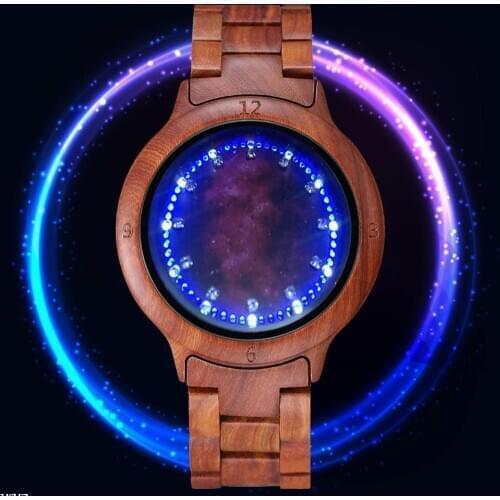 Red sandalwood LED Light Touch Screen Diamond Dial Wooden Watch Creative Red Starry Sky Surface Luminous Watch Relogio Masculino