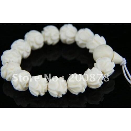 Tibetan White Yak Bone Hand Carved Lotus Beaded Bracelet Stretch 14mm