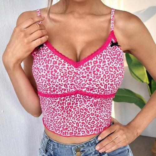 Womens Leopard Printing Camisole Summer Lace Trim Sexy Deep V-Neck Slim Exposed Navel Sling Tops for Vacation Holiday Wear