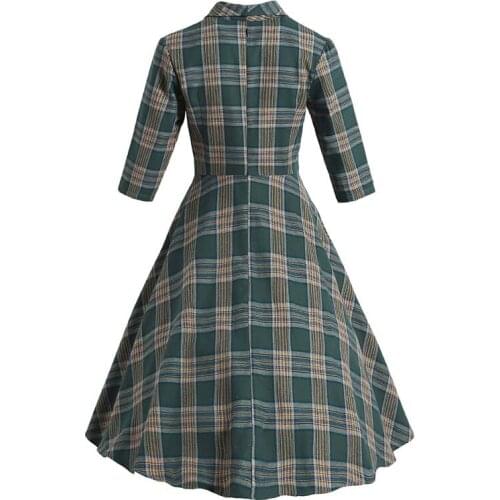 Spring Autumn Long Sleeve Green Plaid Dress SP1264 Slim Hepburn Retro Big Swing Dress Women Falads Vintage Dress