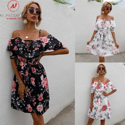 Women Summer Print A-Line Dress Patchwork Design Ruffles Bandage Decor Off Shoulder Slash Neck Sling Short Sleeve Slim Dress
