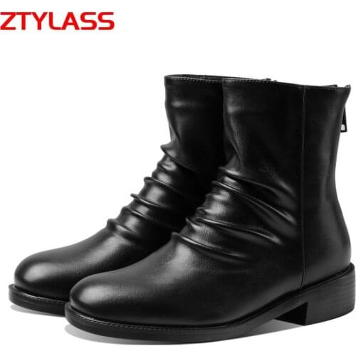 2021 Autumn Winter Round Toe Ankle Boots Women Comfort Square Heel Retro Short Boots Fashion Pleated Zipper Shoes Woman Brown