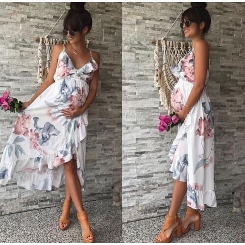 Women Dress Summer Sleeveless V Neck Sexy Dress Women Floral Print Lotus Leaf Irregular Dress Loose Maternity Pregnant Dress
