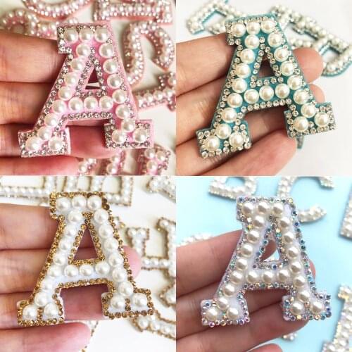 1Set 3D Letter Pearl Rhinestone Iron on Patches English Alphabet Beaded Applique Accessories Diy Patch For Clothing Hat