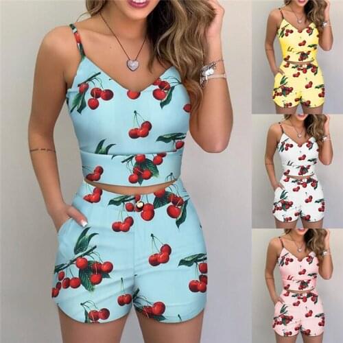 2020 Hot Sale New Ladies Suit Female Fashion Cherry Printed Suit Sexy V-neck Suspenders+Shorts Suit For Women