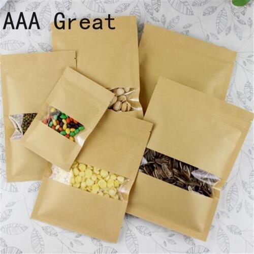 50Pcs/Lot Retail Bag Tea Bag Kraft Paper Self Sealing Window Coffee Seeds Sweets Ziplock Seal Paper Bags Sealable Pouch Packing