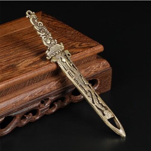 Antique Bronze Dragon Sword Miniature Figurines Desk Ornament Home Feng Shui Decoration Crafts Lucky Copper Car Hanging Pendant
