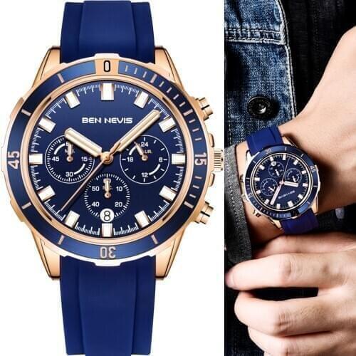 Ben Nevis Military Sport Quartz Watch for Men Chronograph Watches Soft Blue Silicone Strap Waterproof Business Clock Relogio
