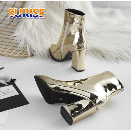 Silver Mirror Ankle Boots Women High Chunky Heels Black Patent Leather Winter Party Office Ladies Pointed Toe Zipper Short Boots