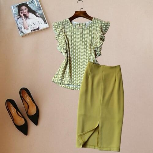 Elegant Office Lady Ruffled Sleeve Prints Chiffon Shirt Top and Medium Long Suit Skirt OL Professional Clothing Sets TN1430