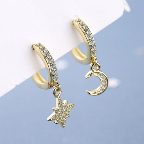 Classic Round Circle Hoop Earrings For Women Shiny Crystal Flash Star Crescent Moon Asymmetric Earring Huggies Trendy Jewelry