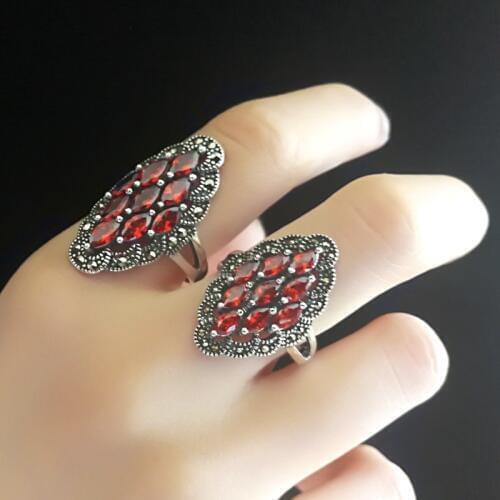 S925 silver ring decorated with red pomegranate elegant women opening hollow ring national preferential wholesale