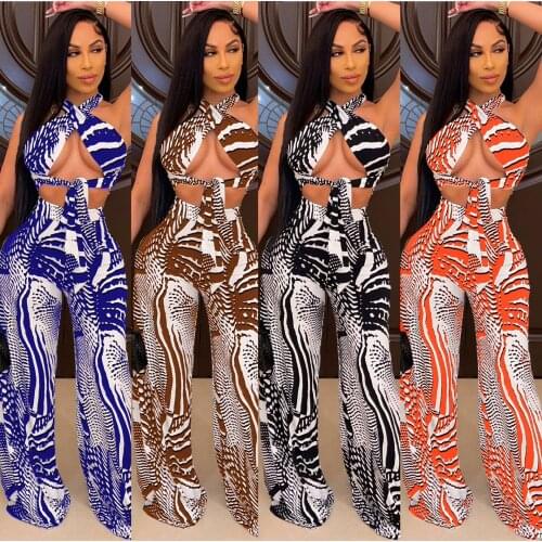 Echoine Printed Cross Wrap Halter Crop Top Wide Leg Pants Set Sexy Elegant Two Piece Set Summer Sleeveless Outfits Party Club