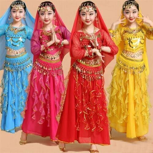 4PCS Girl Belly Dance Costumes for Kid Oriental Dance Girls Belly Dancing Suit Child India Dance Stage Clothing Long Sleeve Set