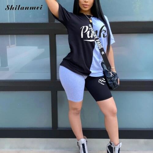 Plus Size Casual Tracksuit For Women Pink Letter Print Patchwork Tshirts & Bodycon Shorts Suit Sport 2 Piece Outfits Streetwear