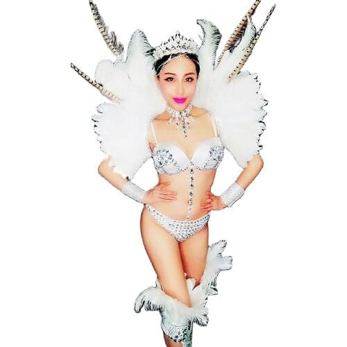 Fashion Sparkly Diamonds Women Bikini Sets White Bra Shorts Birthday Celebrate Party Outfit Nightclub Singer Dance Costumes