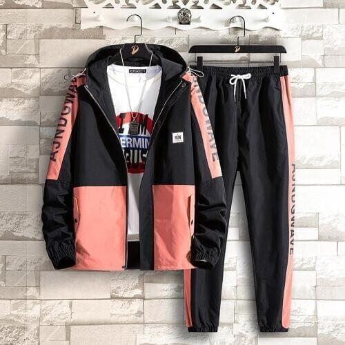 Mens hipster loose cargo work clothes overalls gym jogger tracksuits Long Sleeve Patchwork Hip Hop Sports 2p Set sportswear men