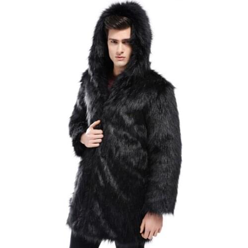 Mens Fur Jacket Hooded Fur Coat Longer Thicken Warmth European and American Faux Fur