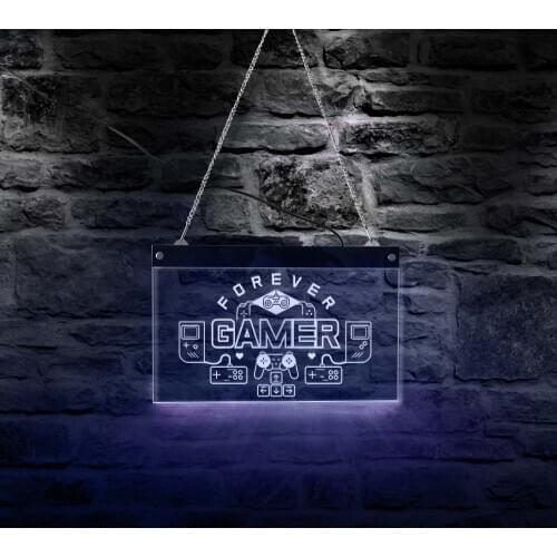 Forever Gamers Decorative Signs Lights Game Room Multi-color Sign Gamepad Hanging Acrylic Board Electric Display Sign Wall Art