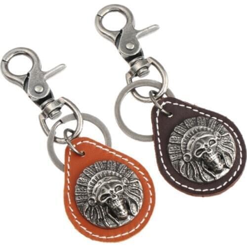 Punk Rock Leather Metal Keychain Gothic Vintage Indian Skull Skeleton Charm Bag Accessories Key Ring Chain Ethnic Hiphop Jewelry