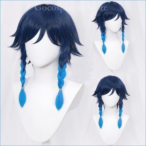 Genshin Impact Venti Wig Cosplay Gradient Blue Long Twin Braids Braided Heat Resistant Hair Women Halloween Role Play AC