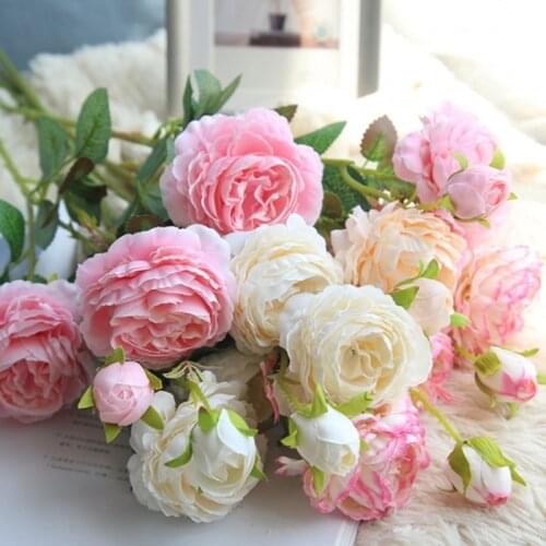 Rose Artificial Flowers 3 Heads White Peonies Silk Flowers Red Pink Blue Fake Flower Wedding Decor for Home Peony Bouquet