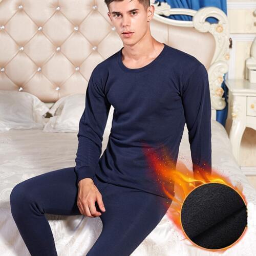 Men Winter Thermal Underwear Thickened with Velvet Round Collar Long Johns Suit Warm Plus Size Undershirt