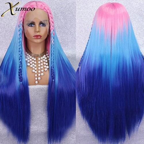 Xumoo Ombre Pink Blue Synthetic Wigs Rainbow Colorful Long Bone Straight Heat Resistant Lace Front Wigs Cosplay Party Lolita Wig