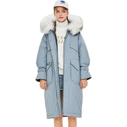 Women White Duck Down Jacket Cotton Puffer Coat Warm Thick Long Parkas Quality real Fur Collar Hooded Female Clothes AA1906303