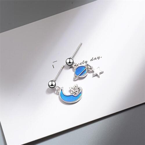 Sole Memory Blue Drop Glaze Planet Moon Sweet Cute 925 Sterling Silver Fashion Female Dangle Earrings SEA564