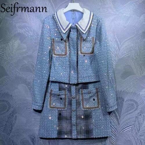 Seifrmann New 2021 Autumn Women Fashion Runway Skirts Set Long Sleeve Pockets Tops + High Waist Mini Skirts 2 Two Pieces Suits