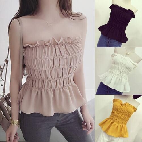 Women Sleeveless Tube Tops Casual Summer Solid Ruffles Flod Off Shoulder Top Female Ruched Strapless Vests One Size