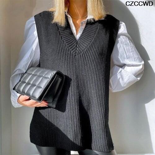 2021 V Neck Casual Women Vest Sleeveless Sweater Knitted Jumper Black Autumn Winter Split Korean Preppy Pullover Loose Top Femme