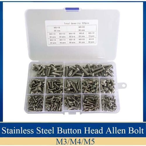 325pcs/Set Button Head M3 M4 M5 Hex Bolts Hexagon Socket Screws Assortment Kit boulonnerie