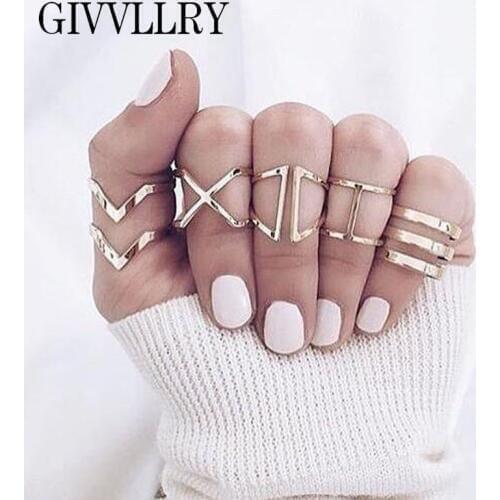 Free Shipping 5pcs/set Gold Color Punk Geometric Cross Rings For Women Hollow Knuckle Midi Ring Set Friends Jewelry