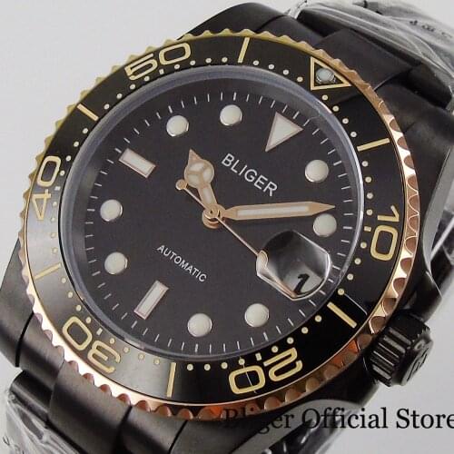 BLIGER Black PVD Plated 40mm Men Watch NH35 MIYOTA 8215 Movement Sapphire Crystal Deployant Clasp