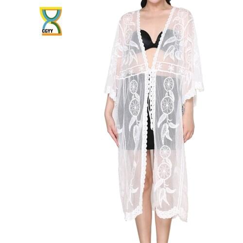 CGYY 2021 Summer Crochet White Knitted Beach Cover Up Dress Tunic Long Pareos Bikinis Swimwear Sexy Lace Beachwear