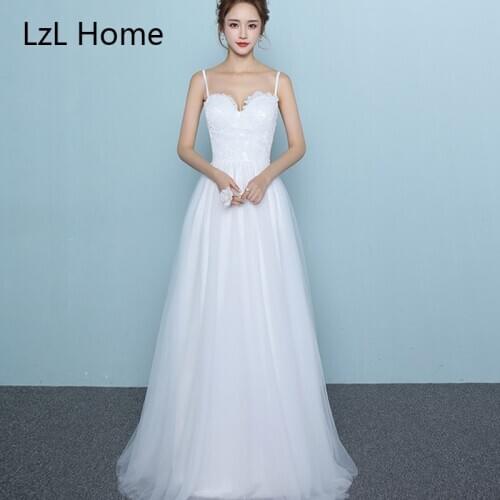 LZL Home White lace wedding dress spaghetti heart-shaped collar bride dress ankle length beach wedding dress