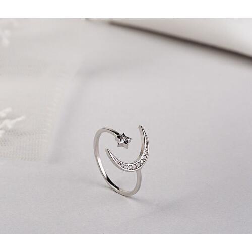 2 Colors Moon Star Pure 925 Sterling Silver Finger Rings For Women Adjustable Cubic Zircon Stone Wedding Gifts Wholesale