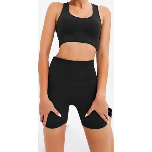 Two Piece Set Women GYM Clothing Seamless Crop Top Shorts Sport Suit High Waist Yoga Pants Bra Sportwear Running Workout Cloth