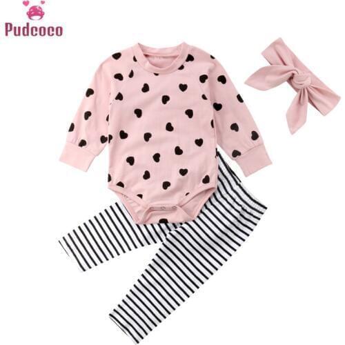 Newborn Baby Girl Outfits Clothes Set Cotton Love Heart Romper Jumpsuit +Striped Leggings Headband 3pcs Clothing