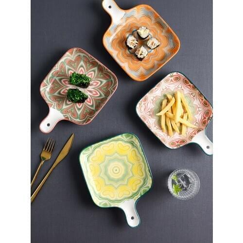 Creative baking dish ceramic net red dish household dinner plate steak western food dish plate with handle tableware