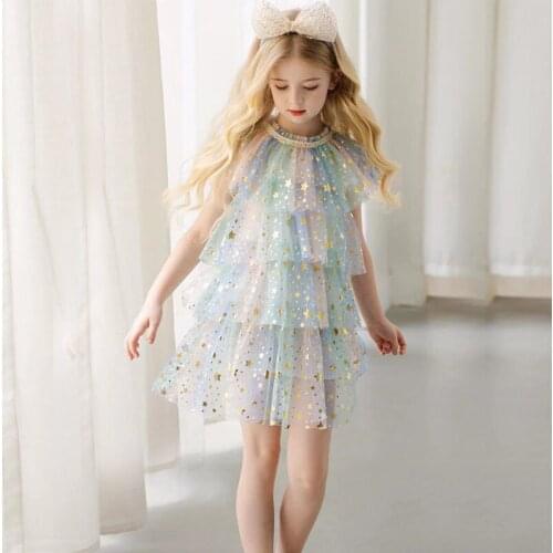 New Summer Lace Layered Children Dresses Star Gradient Cake Dress Girls Mesh Birthday Dress