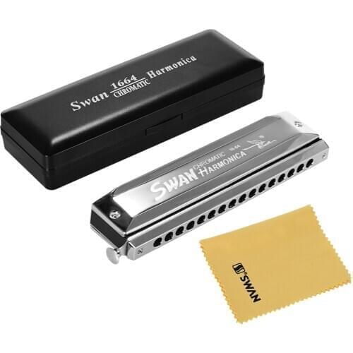 Swan SW-1664 16 Holes Chromatic Harmonica C Key 64 Tones Mouth Organ with Storage Case and Cleaning Cloth for Kids & Adults