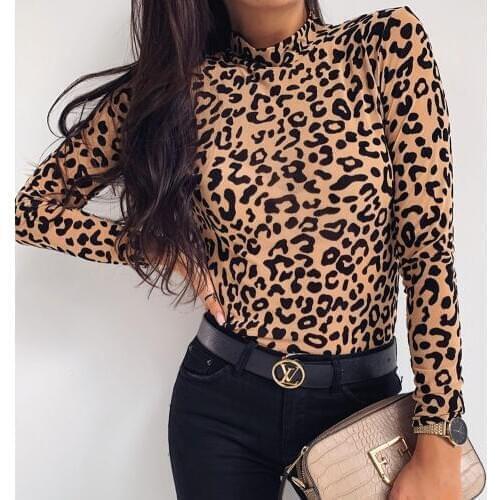 Leopard T Shirt Bodycon Long Sleeve High Neck Print Tops Autumn Winter Basic Clothes Casual